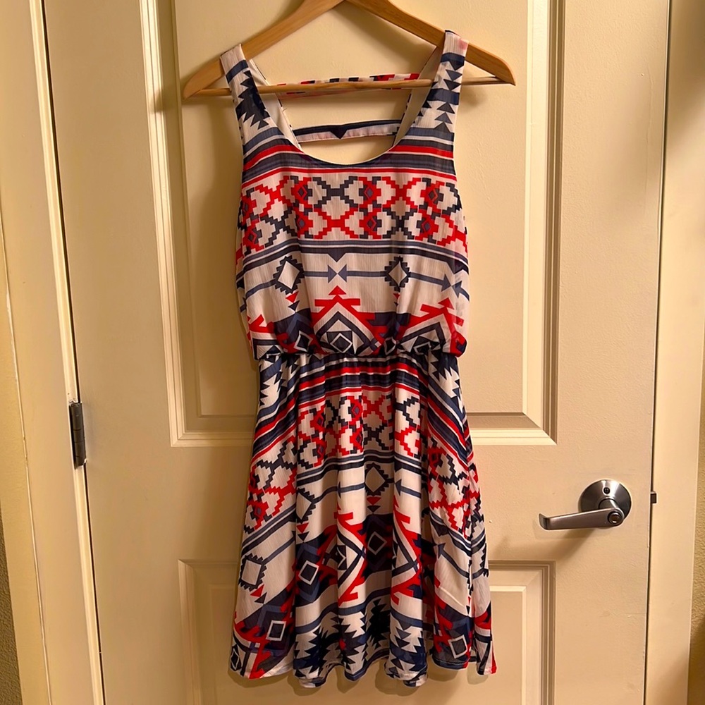 White, red & blue tribal print sun dress.
